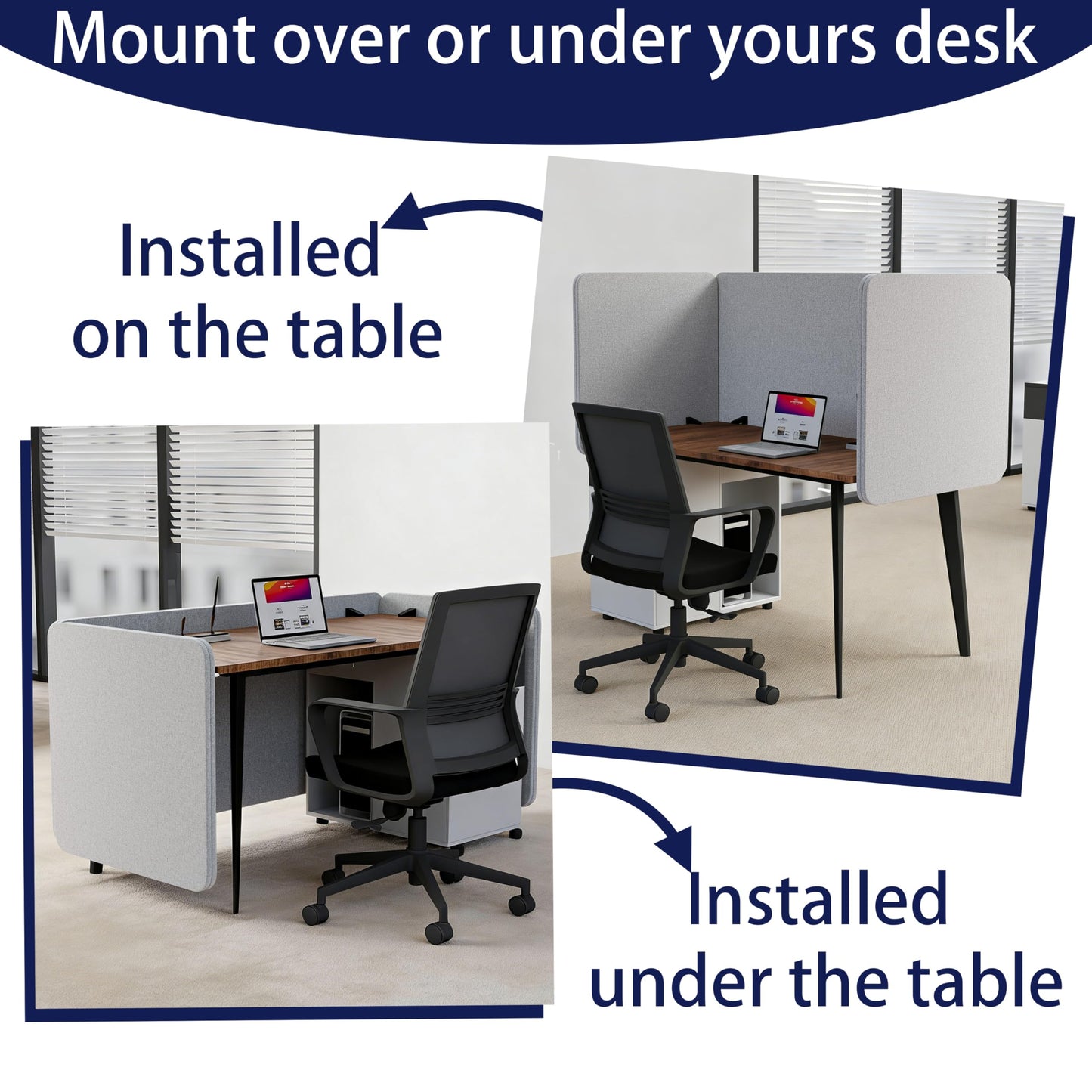 KERRAM Desk Privacy Panel 24 x 60 Inch, Sound Absorbing & Proof Desk Divider for Office, Clamp-on/Screw-on Acoustic Desk Back Panel Partition, Gray