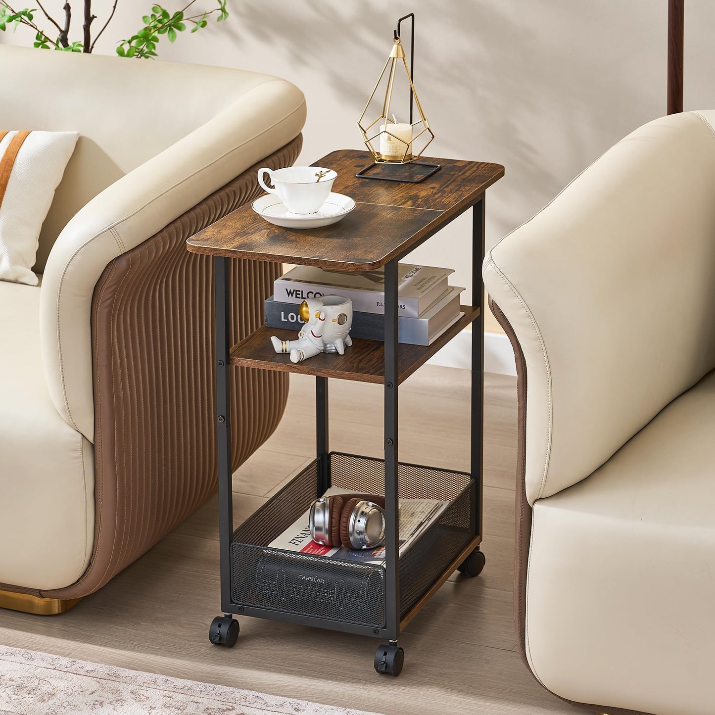 DALEMHOME Side Table with Wheels, Narrow Side Table with 3-Layer Storage Shelves, Slim Nightstand, Metal Frame, for Small Spaces, Living Room, Bedroom, 23.6" D x 11.8" W x 25.2" H, Rustic Brown