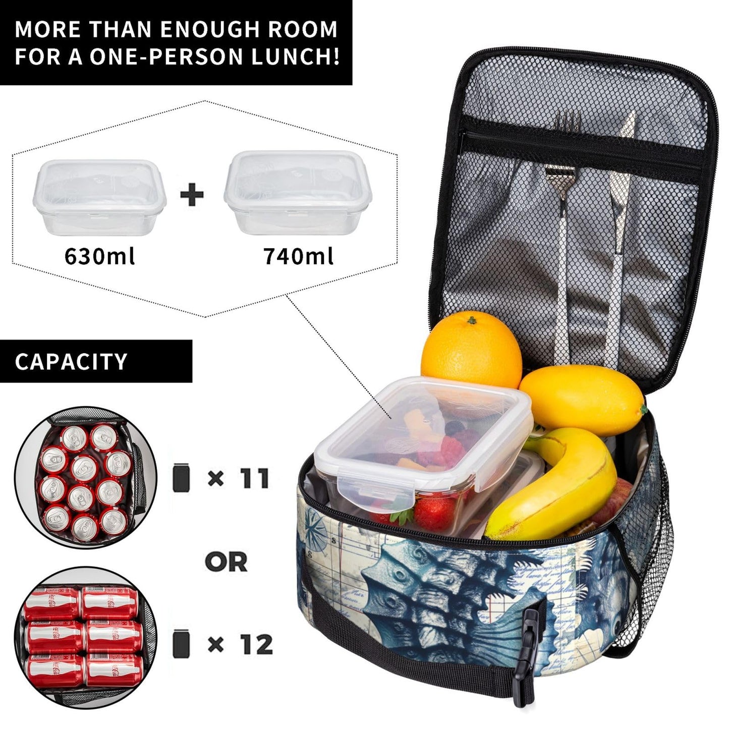 VANZEV Sea Horse Lunch Box for Adults Women Girls Boys Kids Nautical Ocean Animal Theme Lunch Box Insulated Cooler Reusable Lunch Bag Container Gifts for Work Office Picnic Travel School