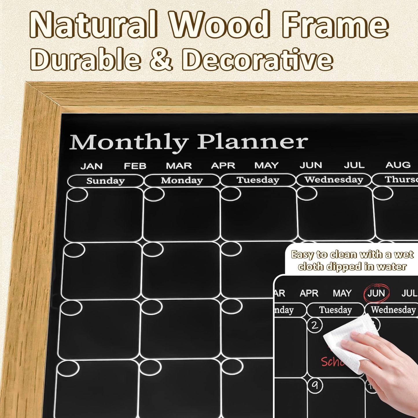 Magnetic Chalkboard Calendar for Wall – 17x13 Monthly Dry Erase Planner with Natural Wood Frame, 2-in-1 Vertical Memo & to-Do Board