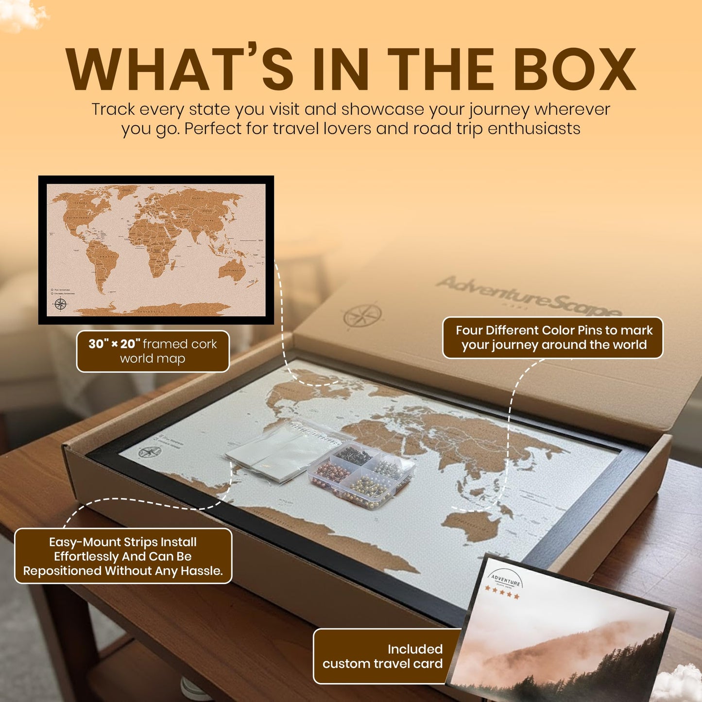 Large Push Pin World Travel Map – 30" x 20" Framed Cork Board Wall Art, Modern World Map with 200 Unique Pins for Tracking Adventures, A Premium Gift for Travelers, Couples and Families