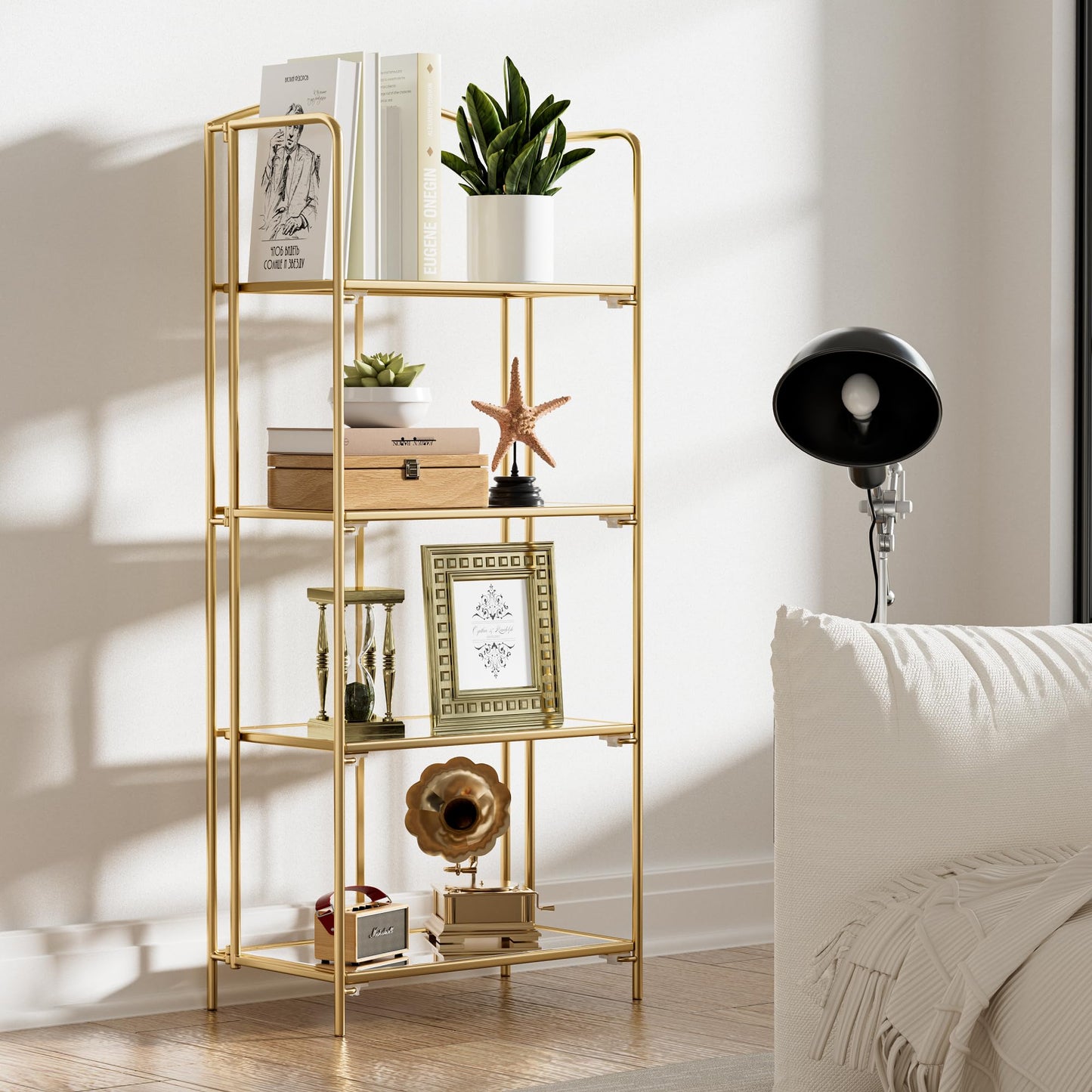 Crofy No Assembly Folding Bookshelf for Living Room, 4 Tier Gold Collapsible Book Shelf for Home Office, Portable Bookcase Storage Organizer