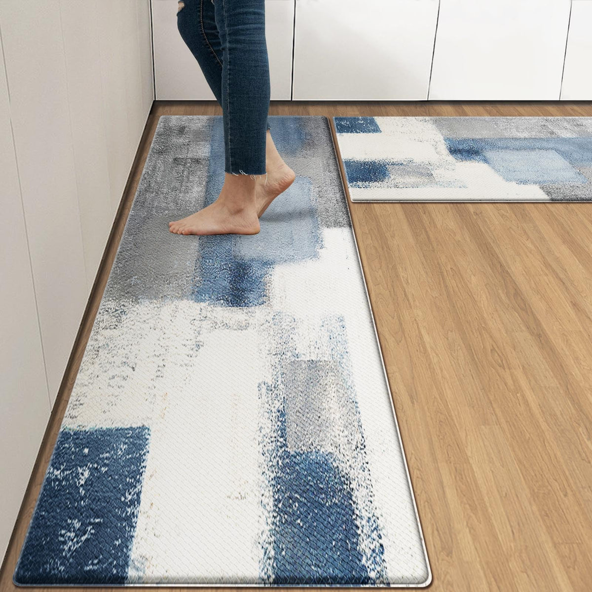 Nesphy Anti-Fatigue Blue Grey Kitchen Rug Set of 2 Cushioned Abstract Rug for Floor, Art Standing Mat Waterproof Non-Slip Mat PVC Ergonomic Comfort Foam Kitchen Decor
