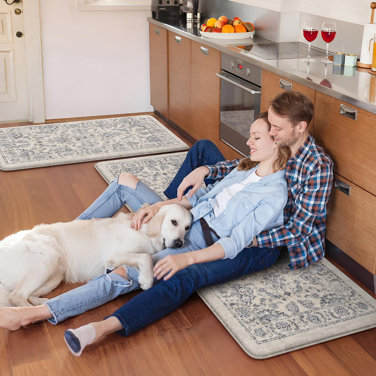 KIMODE Anti Fatigue Kitchen Mats for Floor, Boho Floral Kitchen Rugs 17"x29.5"+17" x47”, Cushioned Mats for Kitchen Floor, Non Slip Kitchen Floor Mats, Sink, Laundry, Office, Desk Blue Multi