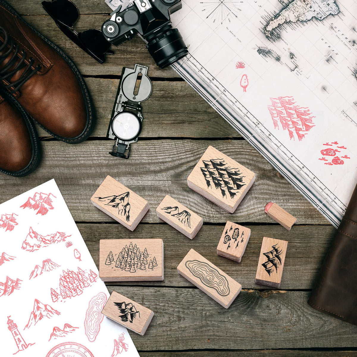 Marspark 24 Pcs Compass Mountains Stamp Combo Map Making Rubber Stamp Kit Compass Outdoor Scenery Stamps for RPG Adventures, Storytelling, and Creative Projects