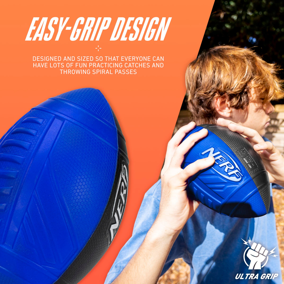 Nerf Pro Grip Football, Blue, Classic Foam Ball, Easy to Catch & Throw, Sports Toys, Christmas Gifts or Stocking Stuffers for Kids