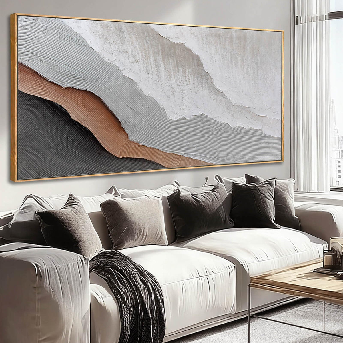Textured White Wall Art,Grey Abstract Artwork,Large Framed Modern Pictures,Wave Landscape Oil Painting 24"x48"for Home Office Gallery