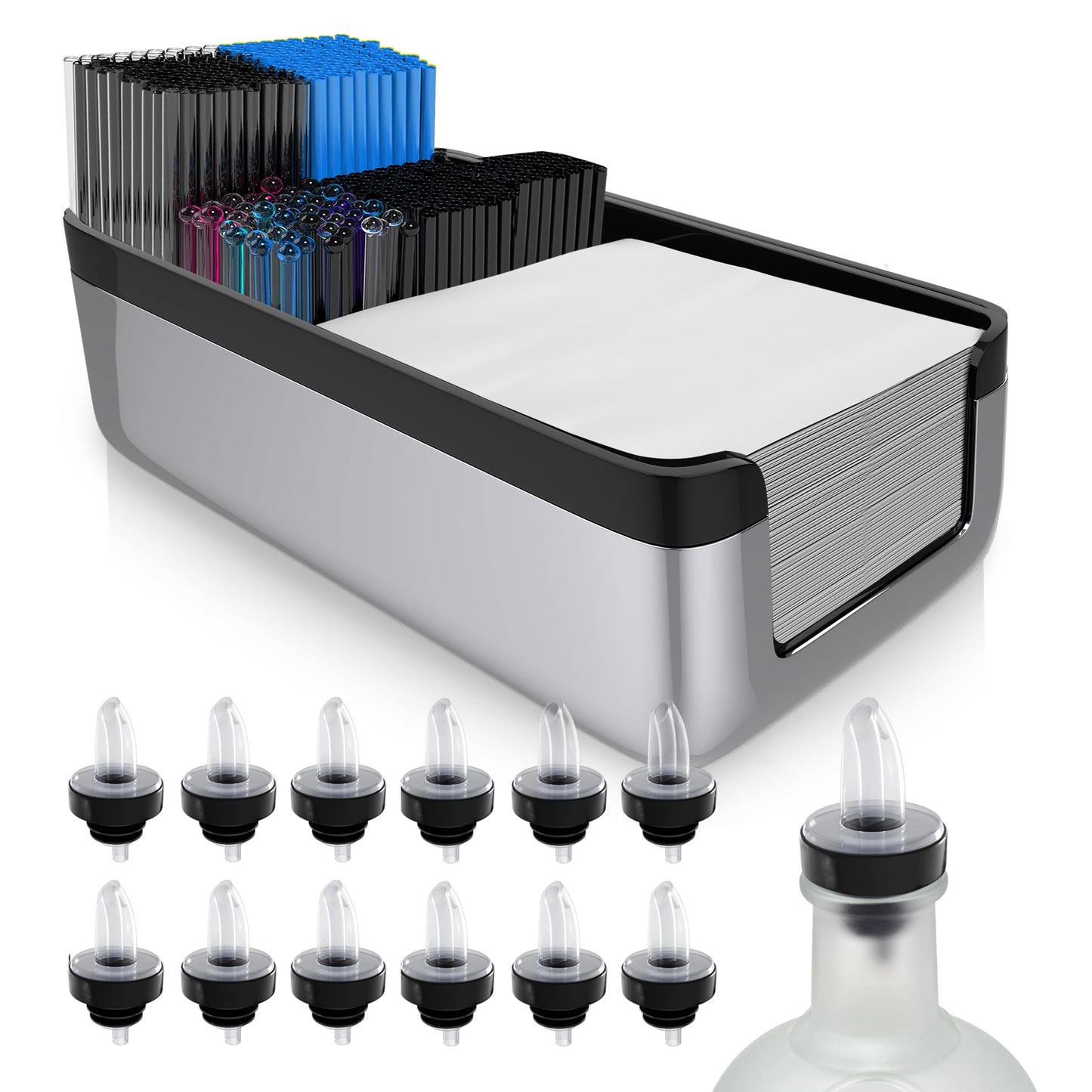 Esatto Professional Bar Products Premium Bar Caddy (Chrome), Used to Easily Organize Bar Items and Workspace, With Additional 12 Pourers For Precision Pouring and 12 Pourer Covers