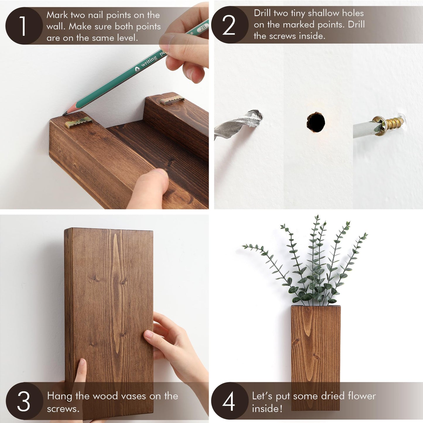 Wood Wall Planter Set of 2, Wood Wall Pocket for Greenery and Dried Flowers, Indoor Wood Hanging Vase, Modern Farmhouse Wall Decor for Living Room Bedroom Office Eucalyptus Stems Decorations (Grey)