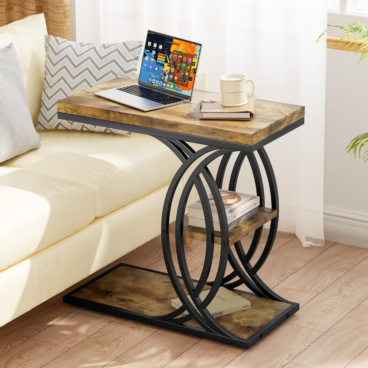 FJLHOHG C Shaped End Table, Bed Side Table, 3-Tier Side Table with Metal Frame, Wood End Table with Storage for Living Room, Couch, Sofa, Bedroom, Easy Assembly, 23.6" D*11.8" W*23.6" H, Rustic Brown