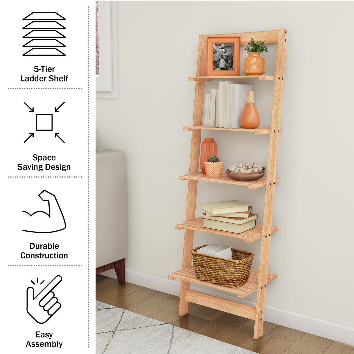 5-Tier Ladder Shelf - 50-Inch Narrow Leaning Bookshelf - Wooden Bookcase for Living Room, Bathroom, Kitchen, Office, or Bedroom Furniture by Lavish Home (Oak)