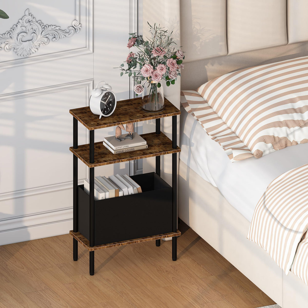 Newmics Narrow Side Table with Fabric Basket, End Table for Small Spaces, Slim Nightstand with 3-Tier Storage Shelf, Sofa Beside Table, for Living Room, Bed Room, Rustic Brown