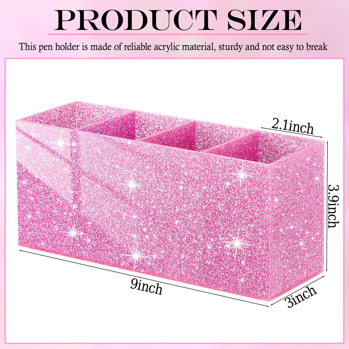 Jetec Acrylic Glitter Pen Holder 4 Compartments Bling Makeup Brush Stationery Organizer Pencil Holder for Desk Accessories Sparkly Gifts for Women Birthday Valentines Desktop Workplace Office(Pink)