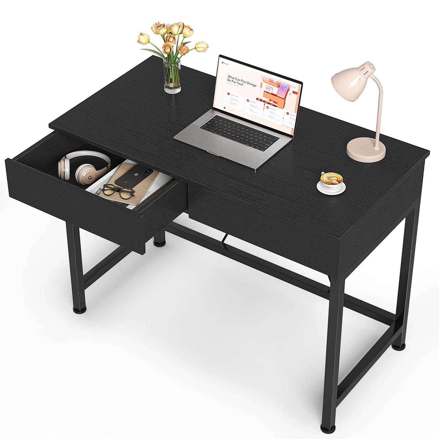 Mexin Small Black Desk with 2 Wooden Drawers, 40 Inch Home Office Writing Desk, Black Vanity Desk with Storage, Computer Desk for Bedroom Small Spaces, Table for Office, Work, Kids Study, Makeup