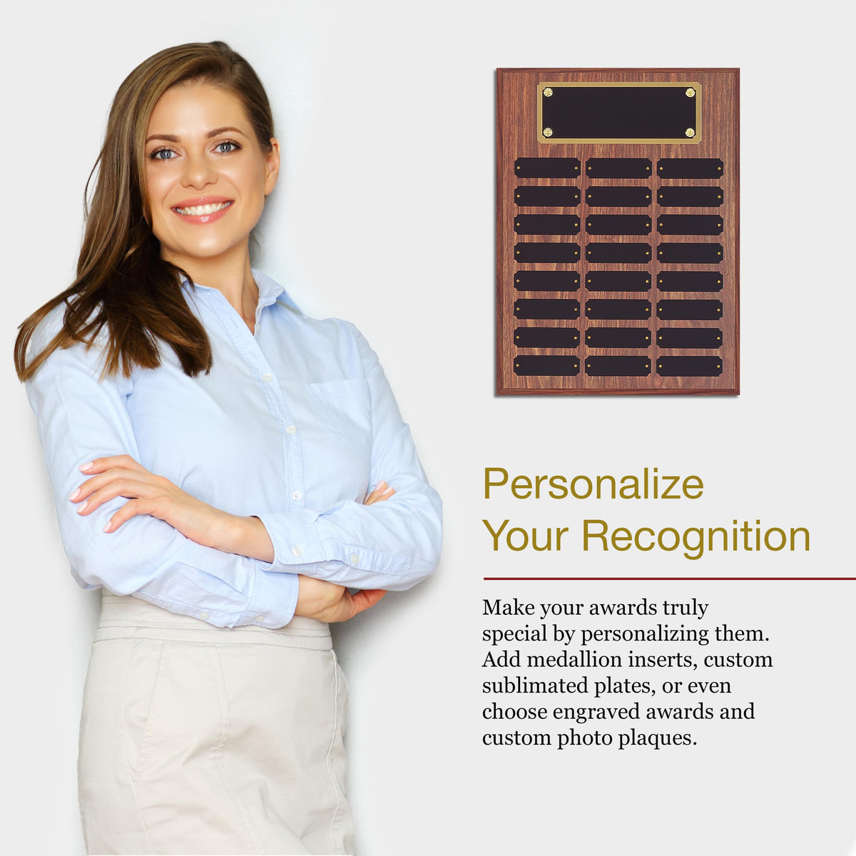 SHOP AWARDS AND GIFTS 12 x 16 Inch Perpetual Plaque Award Multiple Name Plate Board for Employee Appreciation, Recognition, Achievement, Walnut Finish with Black and Gold Header, 24 Name Plates