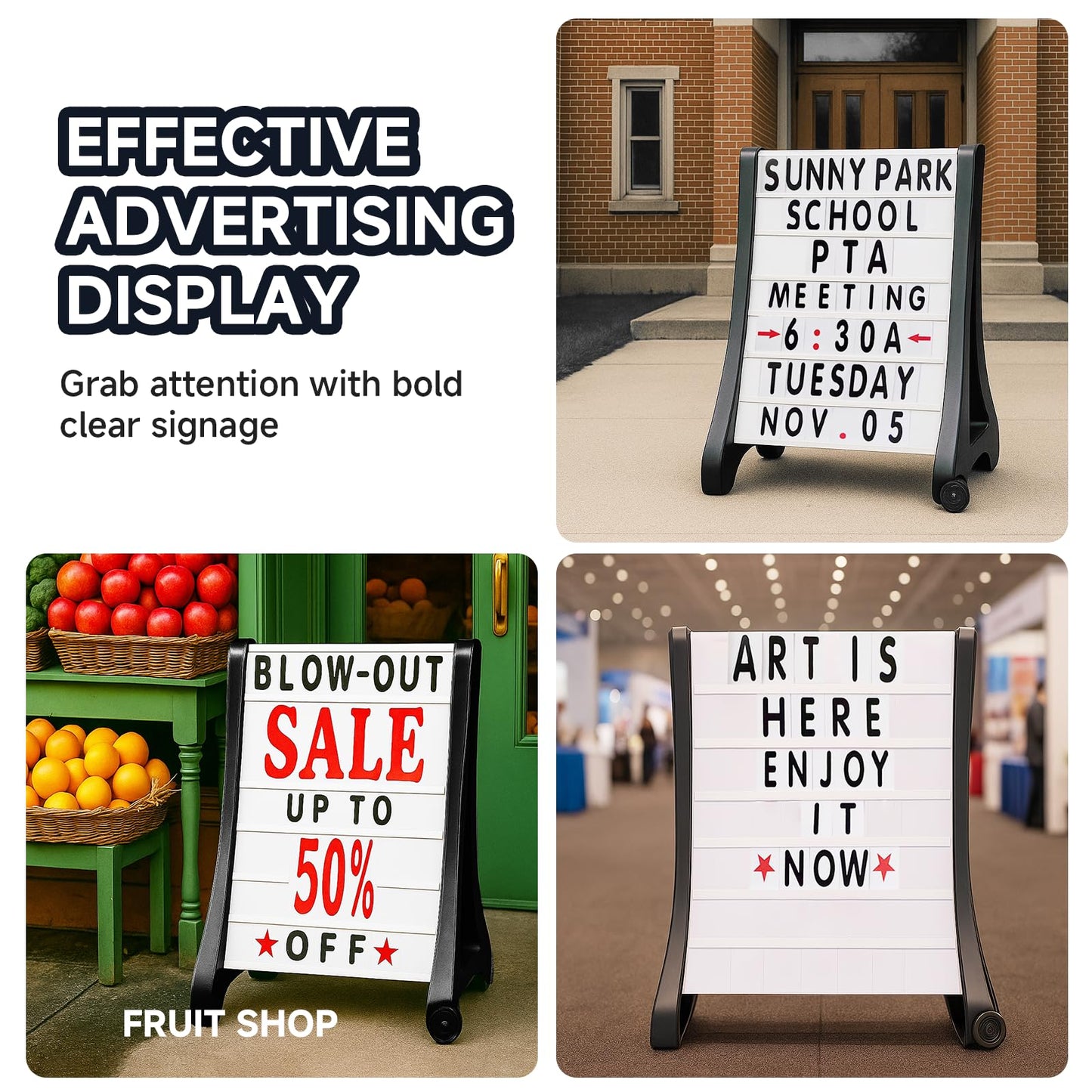 DRKSBesto 24"x39" Changeable Message Board Sidewalk Sign, Standard Portable A-Frame Sign & Letter Kit for Outdoor,Business, Large Black Standing Frame with Wheels, Water-Fillable and Wind-Resistant