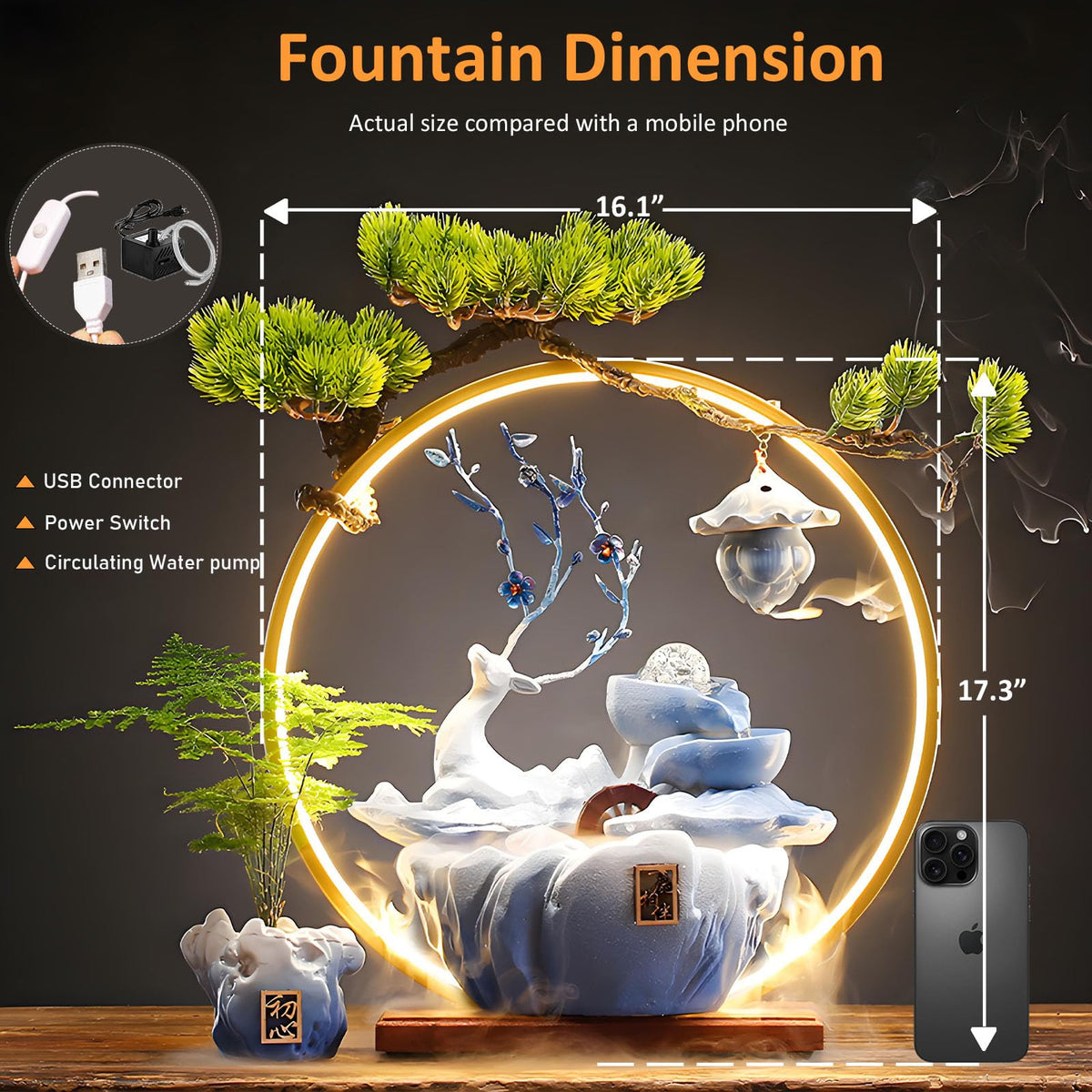 CIFUPUQU Tabletop Water Fountain, 17.3”Tall Deer Statue Waterfall Fountain with Incense Holder, LED Light & Adjustable Pump, Zen Relaxation Desk Fountains for Office,Living Room or Bedroom