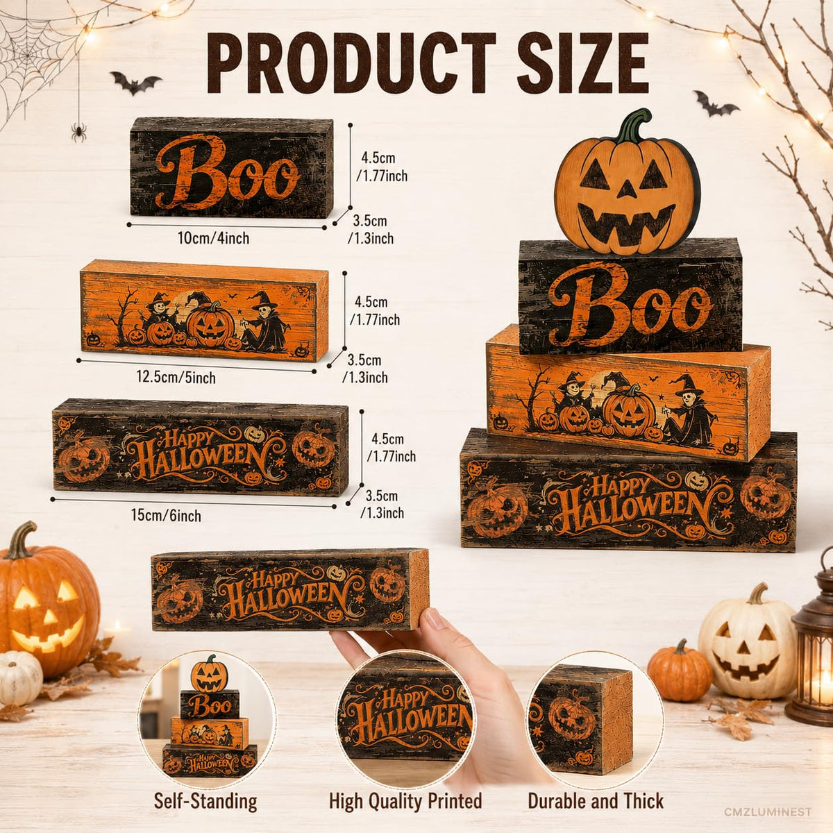 4 Pcs Halloween Decorations Scary Pumpkin Wooden Signs Farmhouse Rustic Tiered Tray Decor Boo Happy Halloween Tabletop Centerpiece for Home Kitchen Shelf Mantel