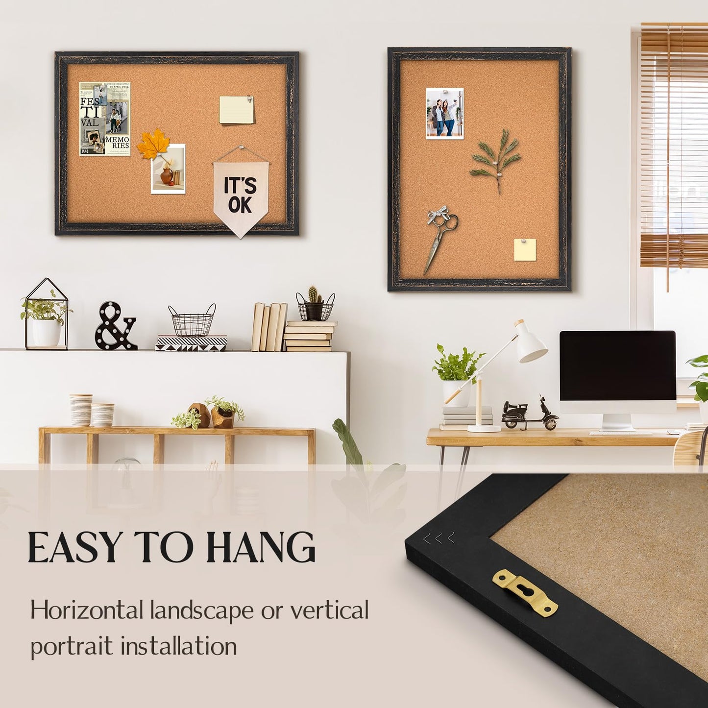 QUEENLINK Cork Board Bulletin Board, 30" x 20" Corkboard for Wall, Rustic Black Wooden Frame, Decorative Hanging Pin Board for Home Office Room Decor, 10 Push Pins
