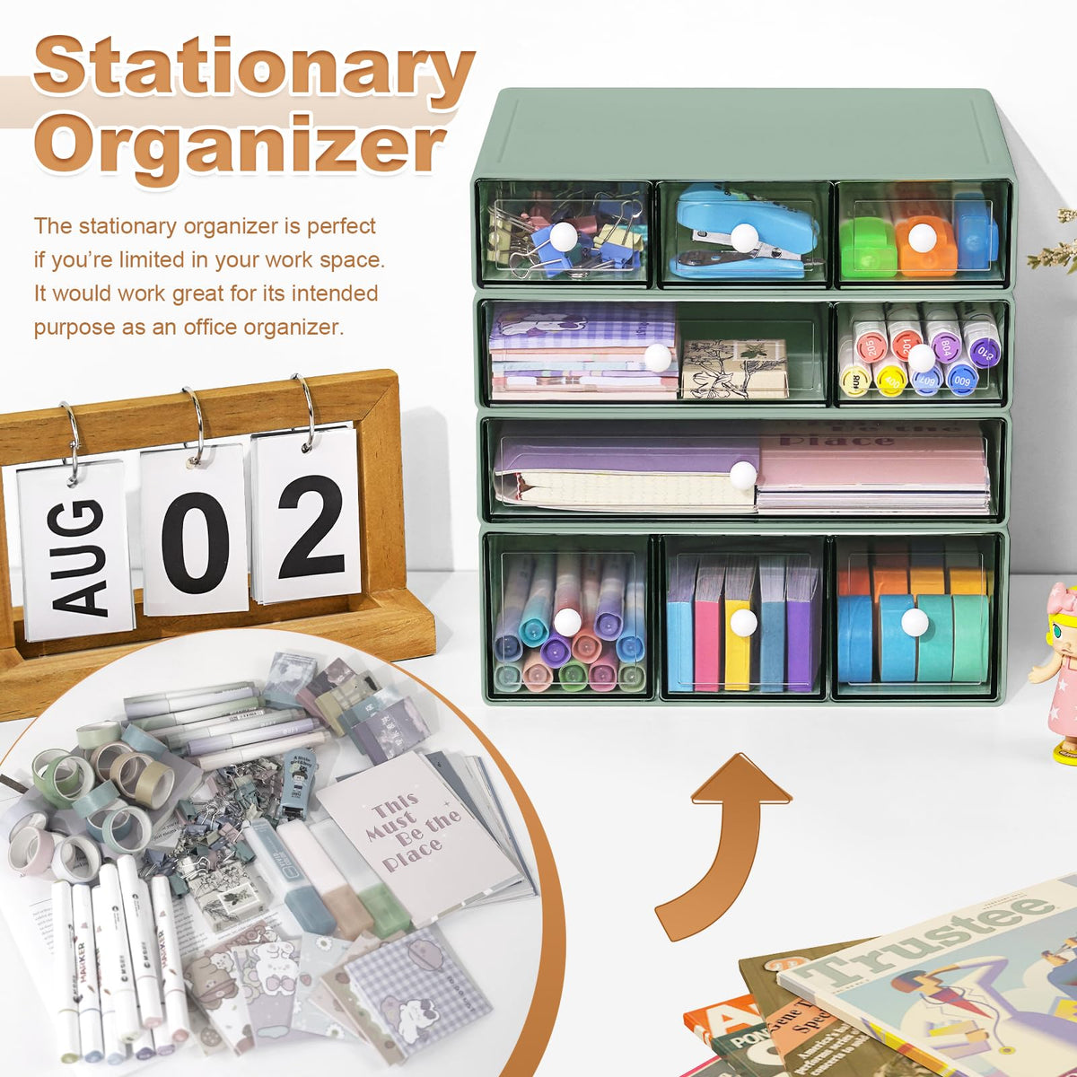 MYKASEN Desk Organizer with 9 Drawers, 4 Tier Plastic Stackable Storage Drawers for Desk Storage, Office Stationary Makeup Organizer Suit for Home, Office and School