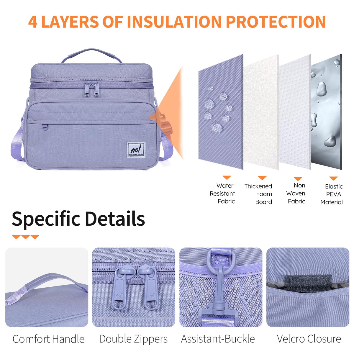 NOL Natural Organic Lifestyle Fully-Insulated Lunch Bags for Women & Men, Lightweight Nylon Cooler Bag for Adult Meal with Adjustable Shoulder Strap Waterproof Lunch Box For Work (Light purple)