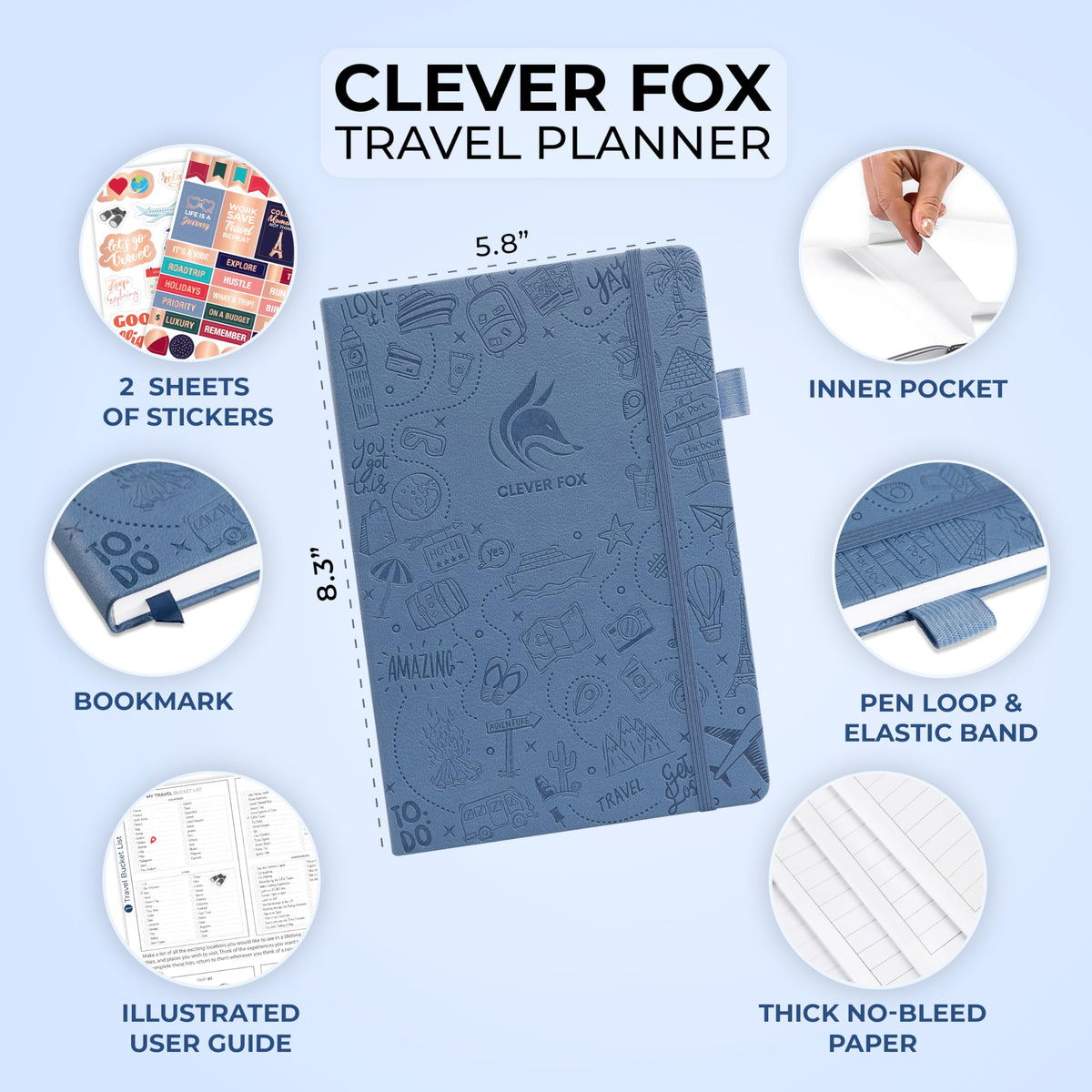Clever Fox Travel Journal – Vacation & Trip Organizer with Budget Plan, Packing List, Travelling Expense Tracker, A5 (Smoke Blue)
