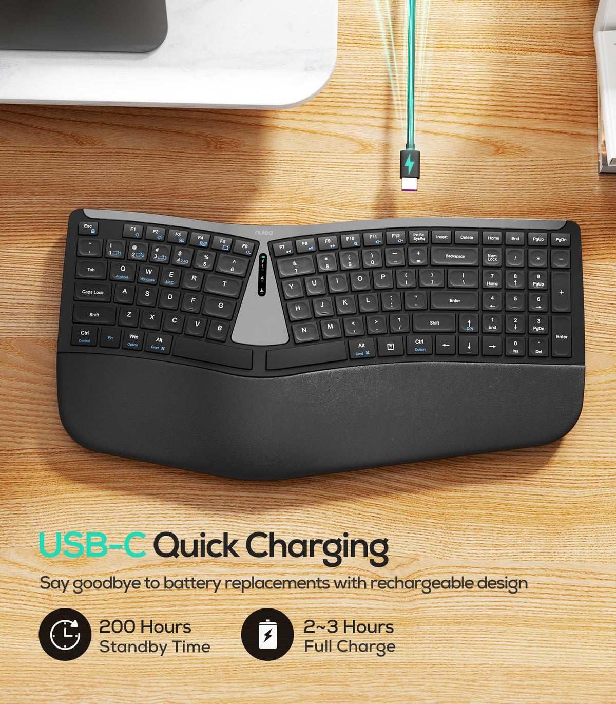 Nulea RT07B Wireless Ergonomic Split Keyboard, Wrist Rest, Natural Typing, Bluetooth and USB Connectivity, USB-C Rechargeable,Compatible with Windows Mac (Silver Black)