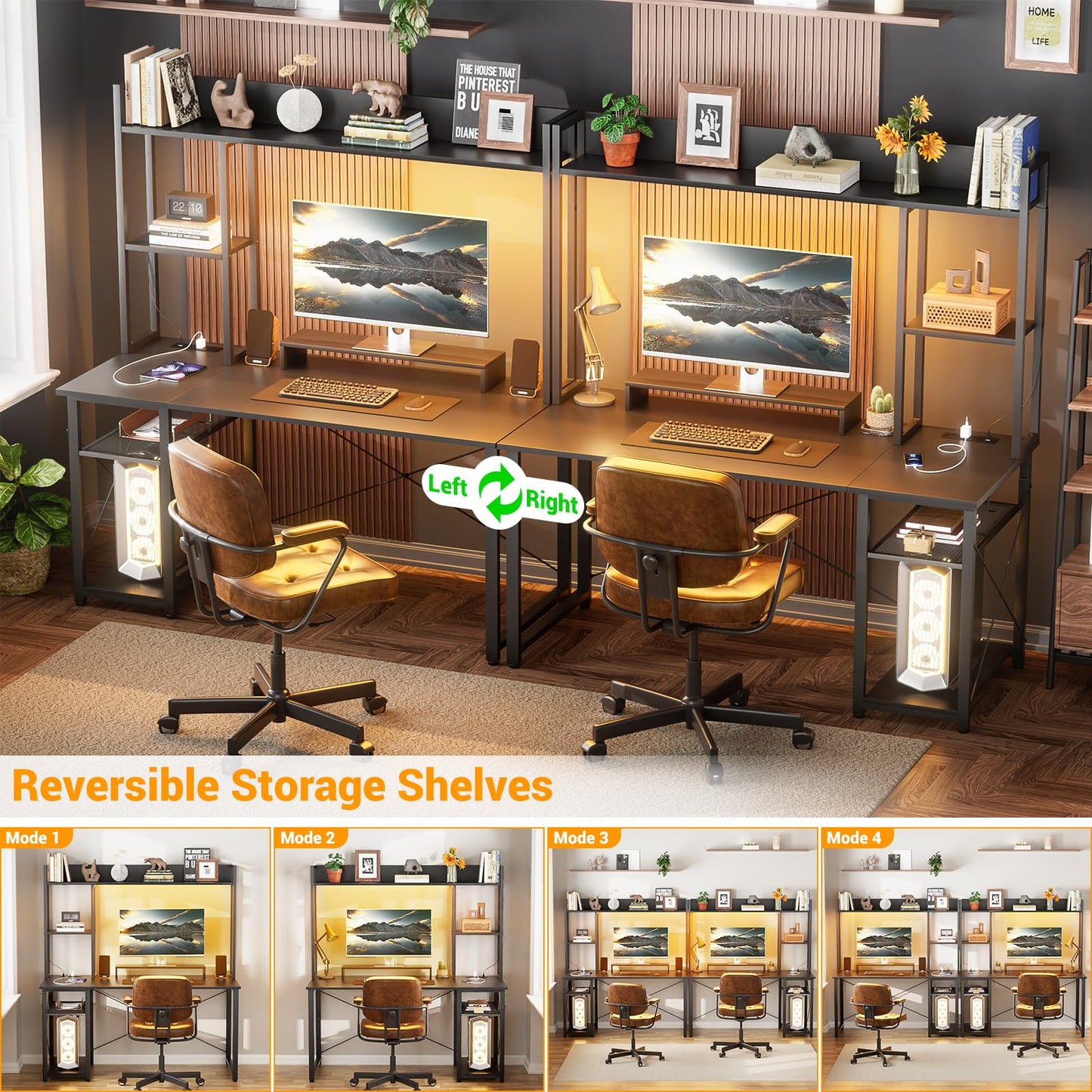 Cyclysio Gaming Desk with Hutch, 47'' Computer Desk with LED Lights & Power Outlets, Home Office Desk with Reversible 5 Tiers Storage Shelves & Monitor Stand, Small Gaming Table for Small Space, Black