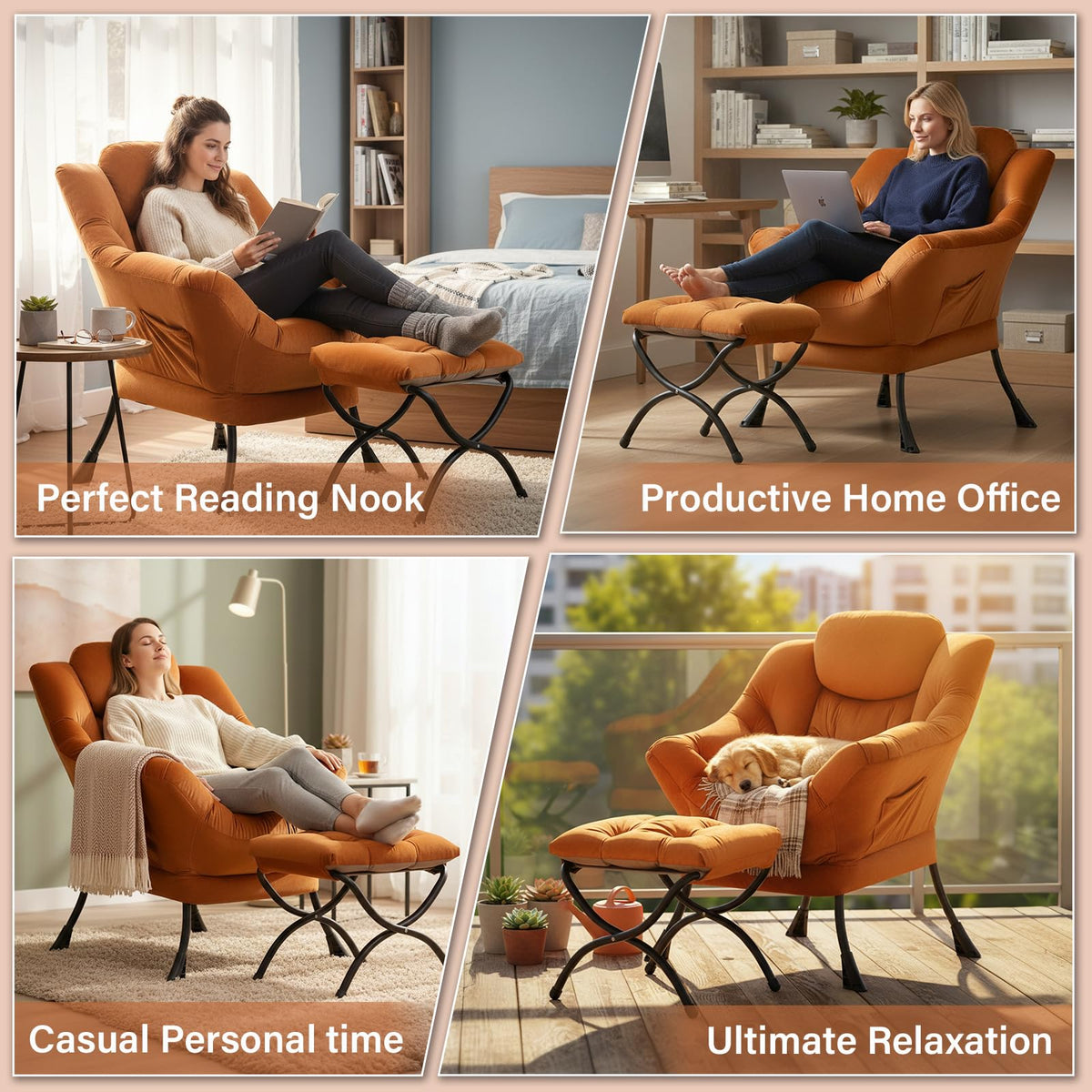 Givjoy Lazy Chair and Ottoman, Large Accent Orange Velvet Chair with Side Pocket, Modern Leisure Upholstered Reading Armchair with Footrest for Office, Bedroom, Living Room, Dorm Rooms, Balcony