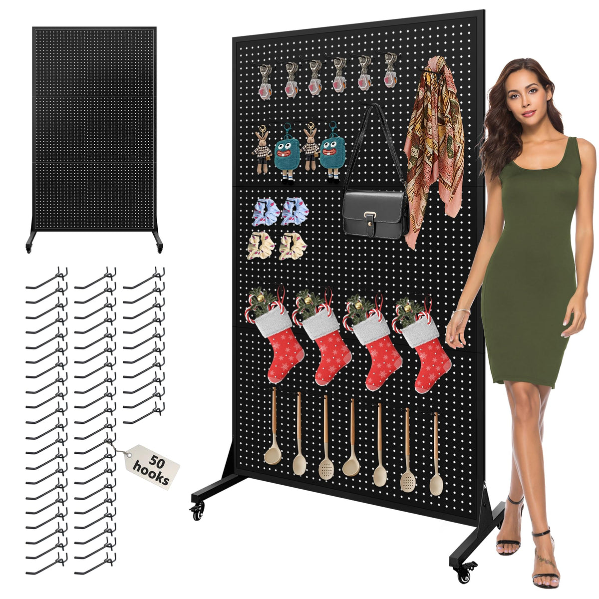 Royxen 3.5 x 6 Feet Metal Pegboard with 50 Hooks, Peg Board Display Stand with Wheels, Large Standing Pegboard Displaywith T-Base Art Display Stand for Retail Stores Exhibitions Homes (Black)