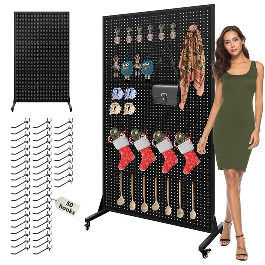 Royxen 3.5 x 6 Feet Metal Pegboard with 50 Hooks, Peg Board Display Stand with Wheels, Large Standing Pegboard Displaywith T-Base Art Display Stand for Retail Stores Exhibitions Homes (Black)