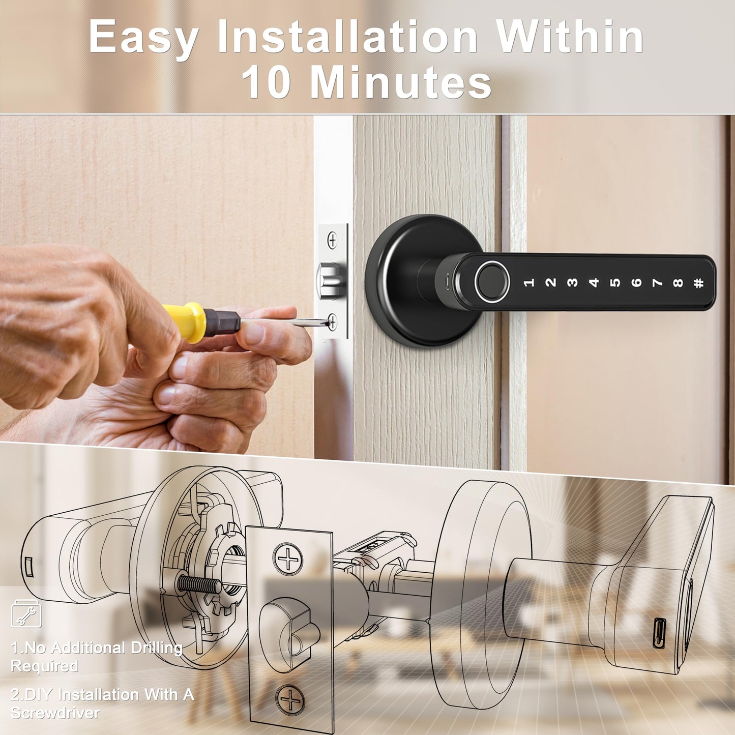 IRONZON Fingerprint Door Handle for Bedrooms - 191F 3-in-1 Fingerprint Door Lock with Keypad, Fingerprint Door Knob for Bedroom with Key, Keyless Entry Door Handle - Black