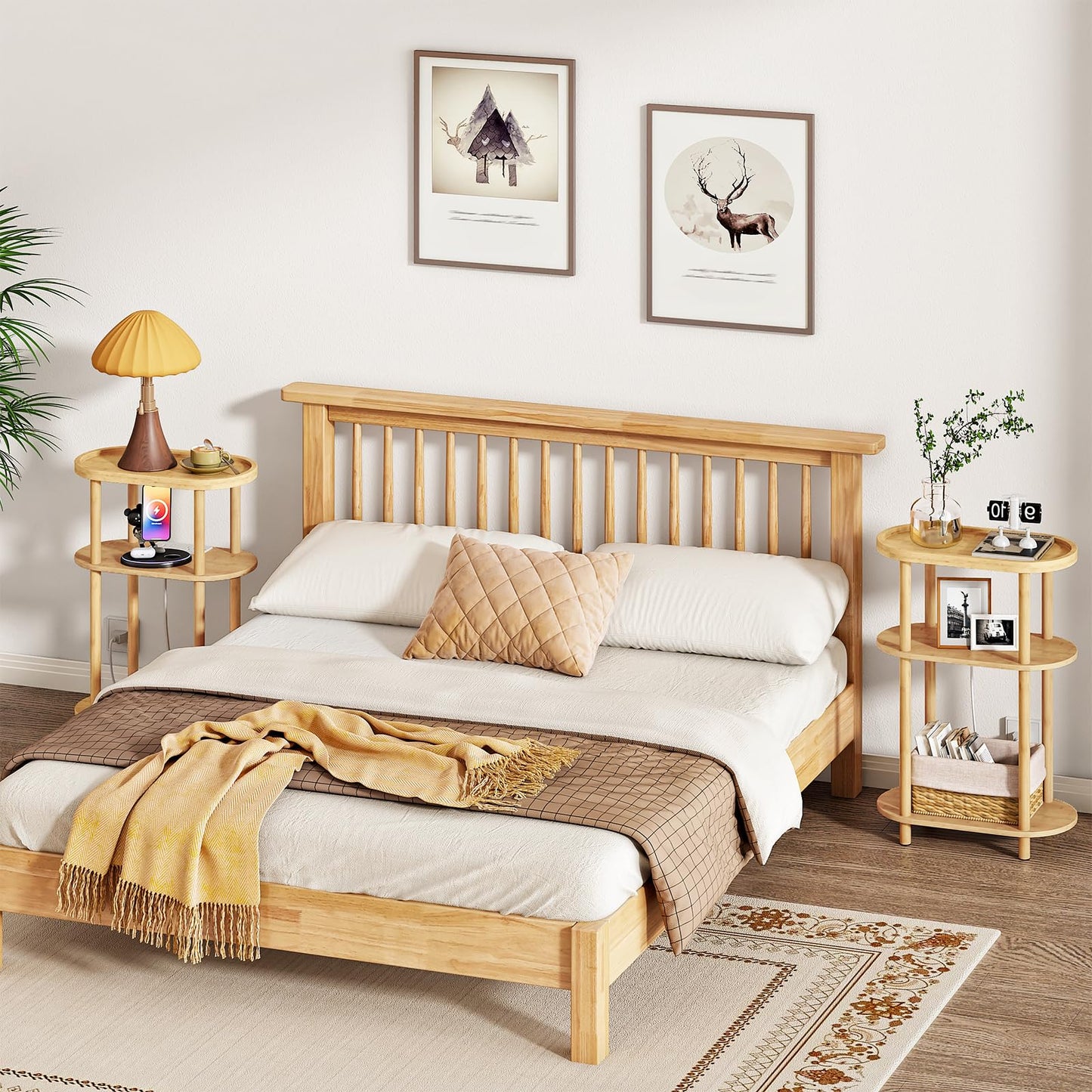 HOOBRO Small Narrow Side Table with Charging Station, 3-Tier Bamboo Narrow End Table, Slim Side Table for Small Spaces, Skinny Oval Nightstand for Living Room, Bedroom, Apartment, Natural YL178UBZ01