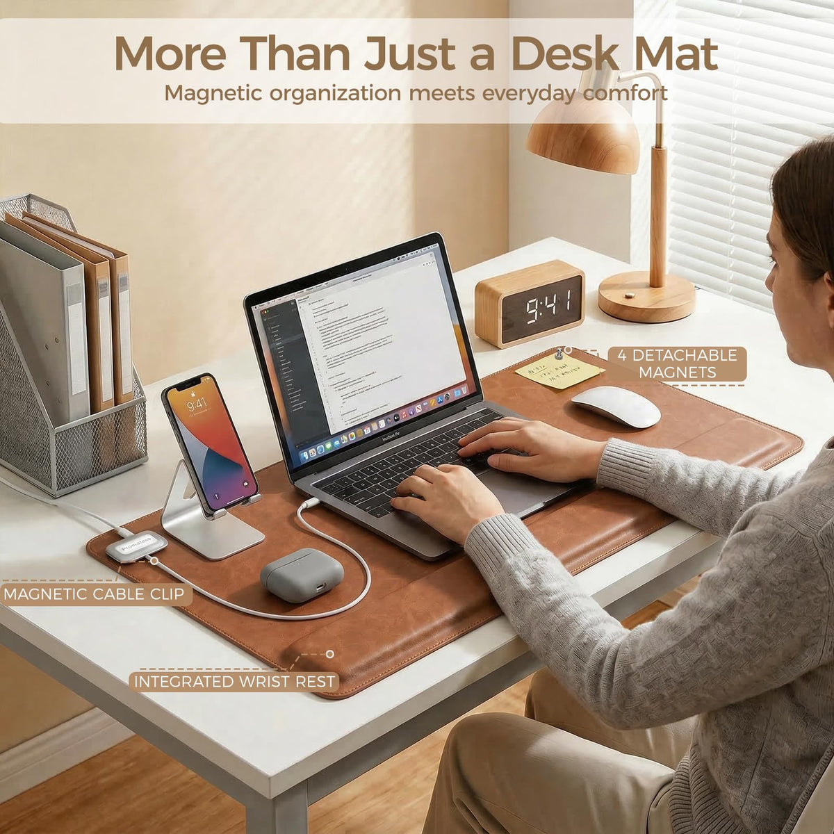 Magnetic Desk Mat System with Wrist Support 80×40cm, Premium Leather Desk Pad with Magnetic Accessories, Waterproof Non-Slip Desk Organizer for Office & Gaming