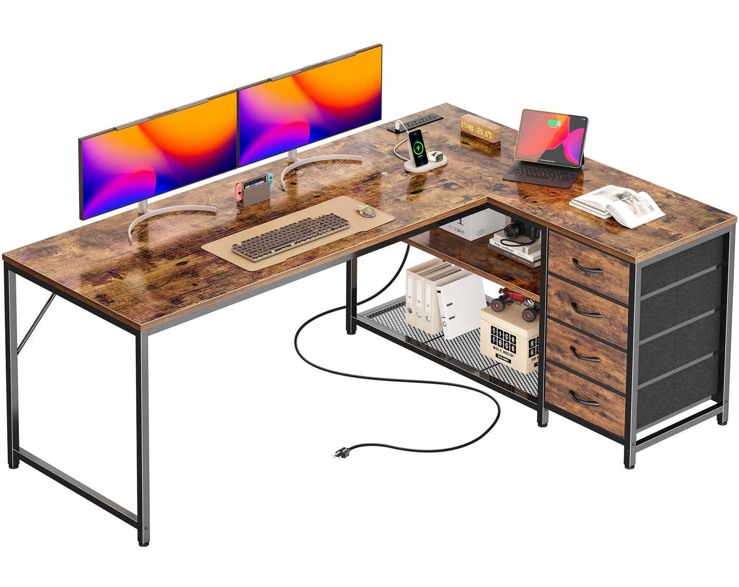 PRAISUN 61" L Shaped Desk with Power Outlets and USB-C Port, Reversible Computer Corner Office Desk with 4 Fabric Drawers and 2 Height-Adjustable Shelves, Large for Gaming Writing Study, Rustic Brown
