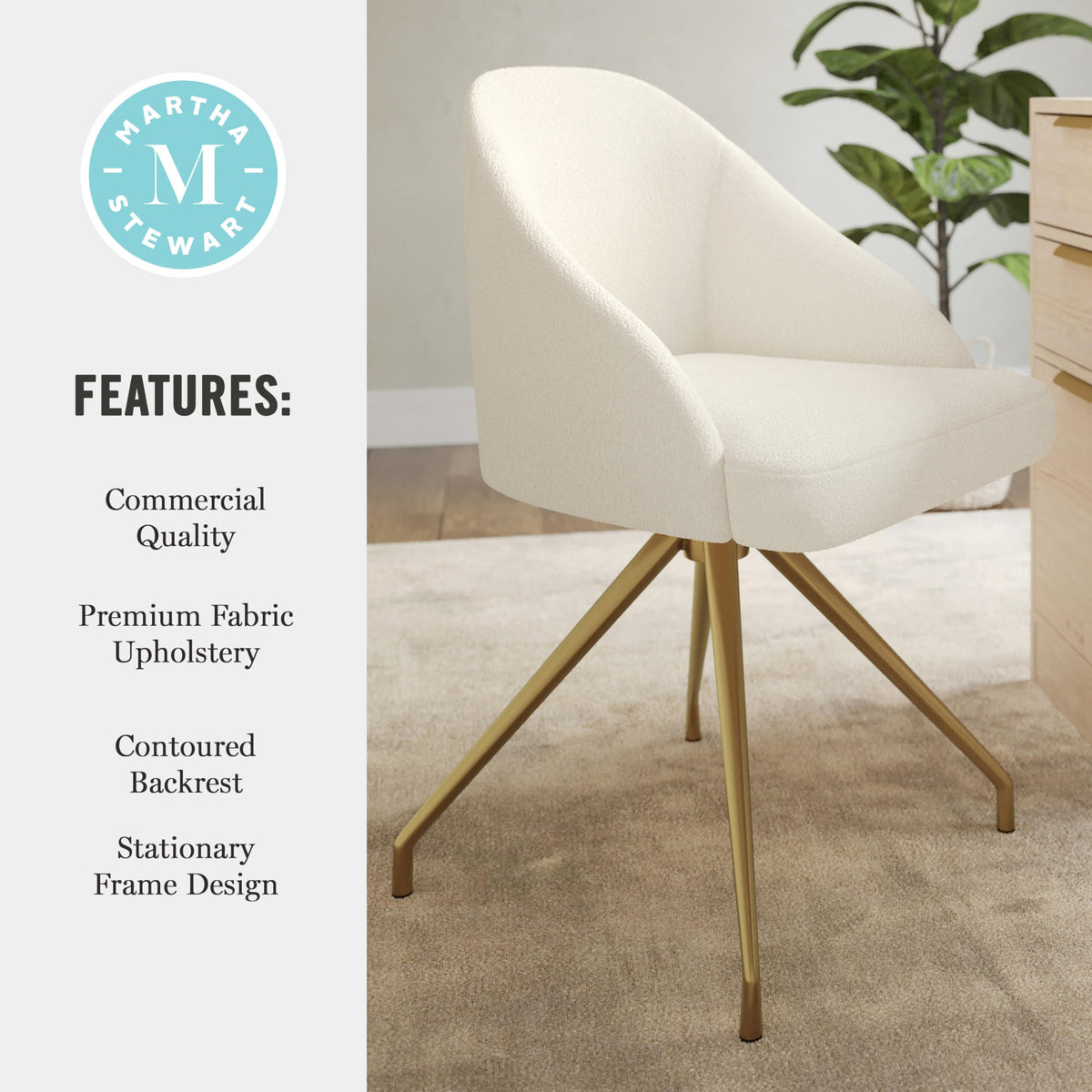 Martha Stewart Sora Stationary Swivel Task Chair with Sloped Arms for Home Office in Off White Boucle with Polished Brass Frame