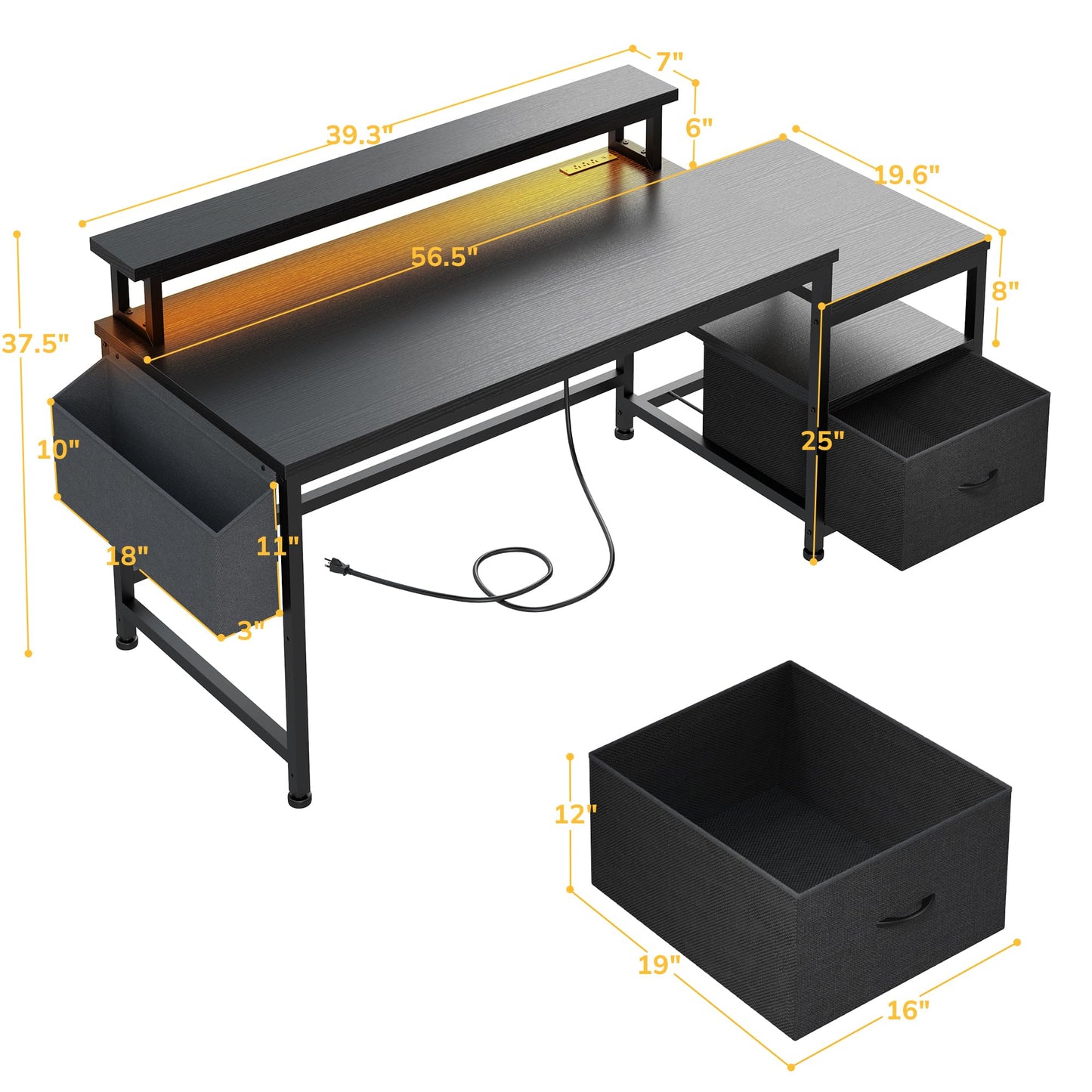 EnHomee 56.5" Black Computer Desk with File Drawers and Printer Space,Office Desk with Power Outlets and Monitor Stand,Gaming Desk,Study Desk, Writing Desk, Bedroom Desk