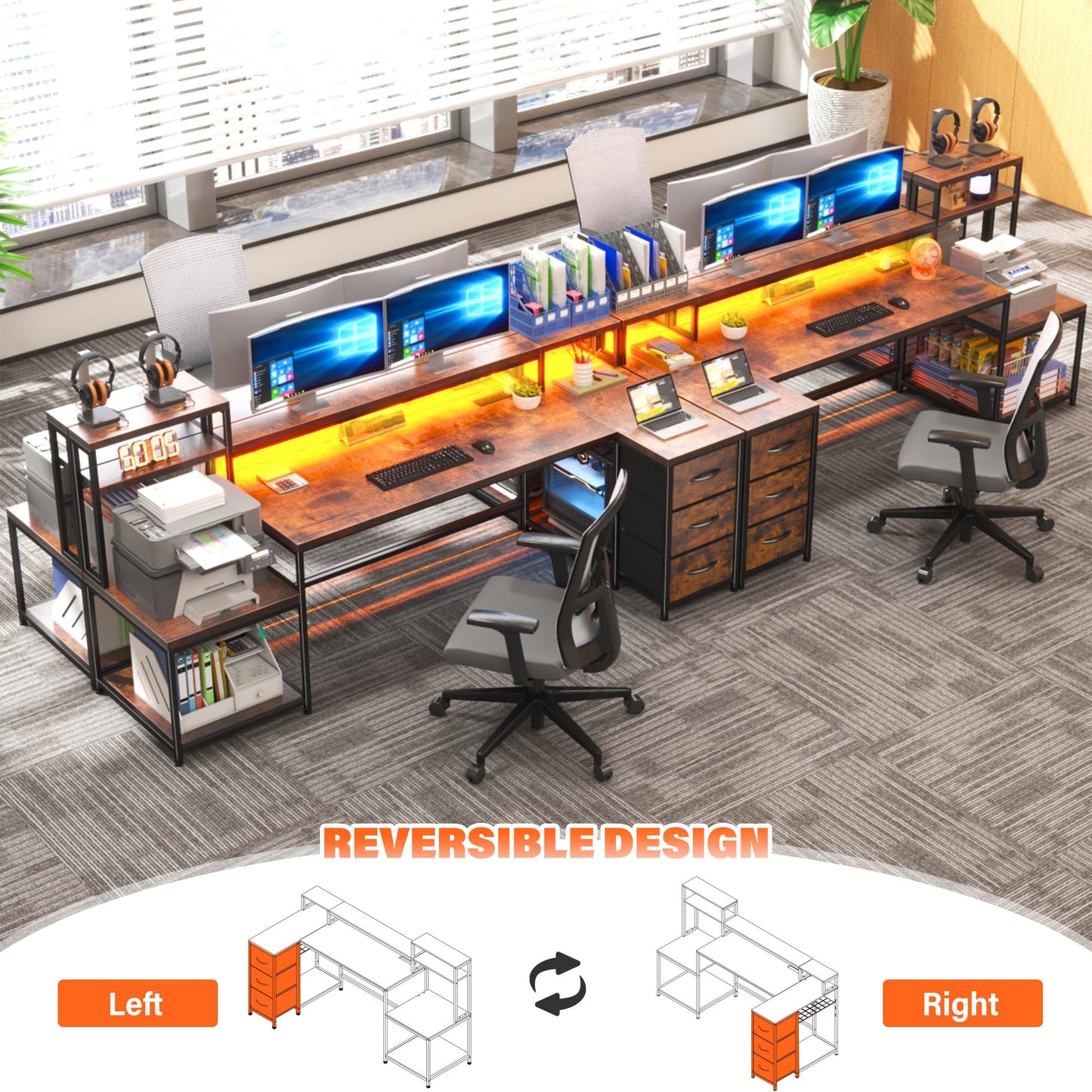 EnHomee 71" L Shaped Computer Desk with 3 Drawers & Hutch,Reversible Gaming Desk with LED Lights & Power Outlet,Home Office Desks with Monitor Stand & Printer Shelf for Student School Rustic Brown