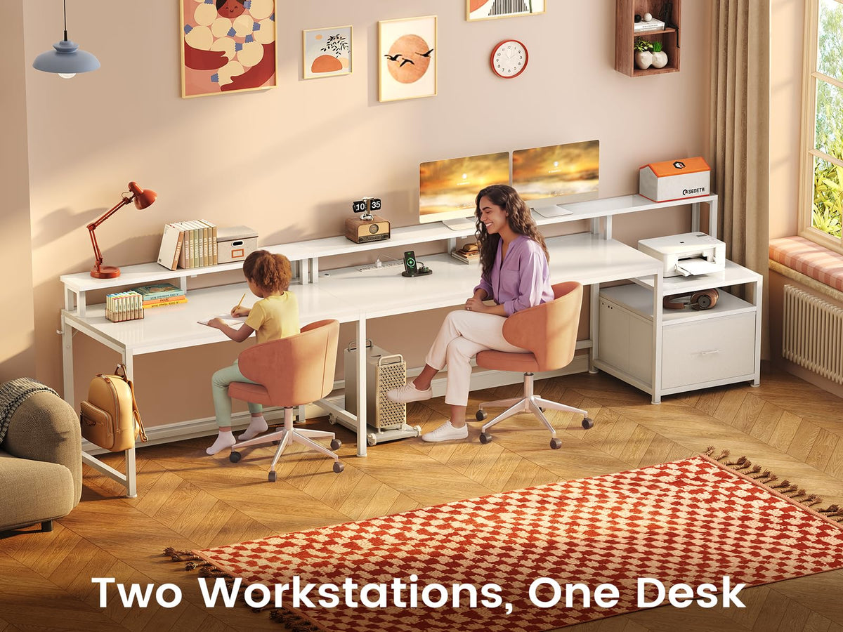 SEDETA 66" L Shaped Desk with Power Outlet, Reversible Home Office Computer Desk with File Drawer & Monitor Shelf, Storage Shelves, LED Lights for Corner Small Spaces, White