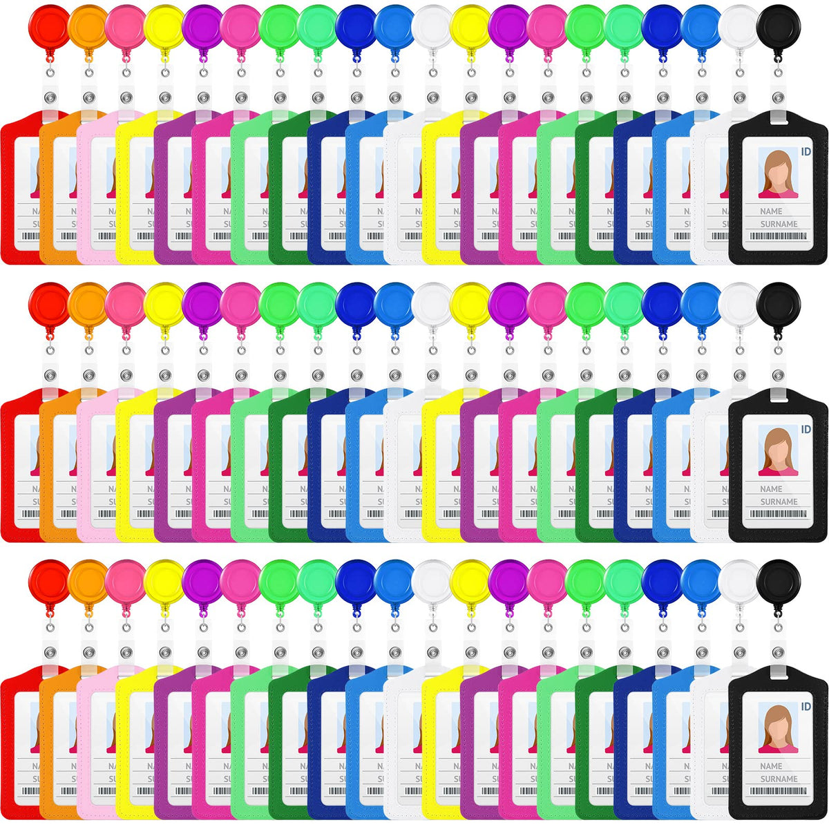 60 Sets Retractable Badge Reels, PU Leather Name Badge Holder, Multicolor ID Holder Key Card Holder Vertical ID Badge with Reel Clip for Office Business Worker Teachers Students Nurses Doctor