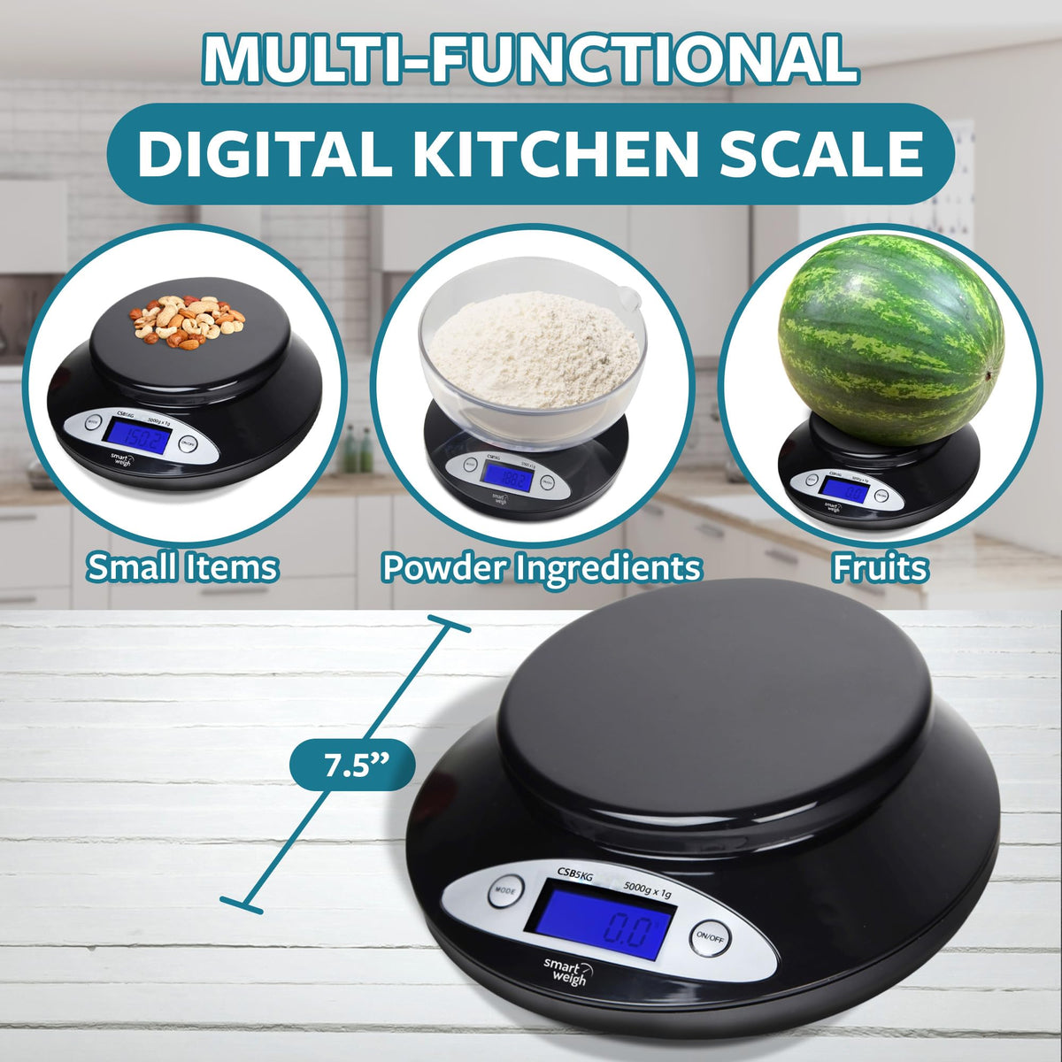 Smart Weigh Digital Kitchen Scale with Removable Bowl – 11lb/5kg Capacity, 0.1oz/1g Precision – High Accuracy Food Scale for Baking, Cooking & Meal Prep (Black)