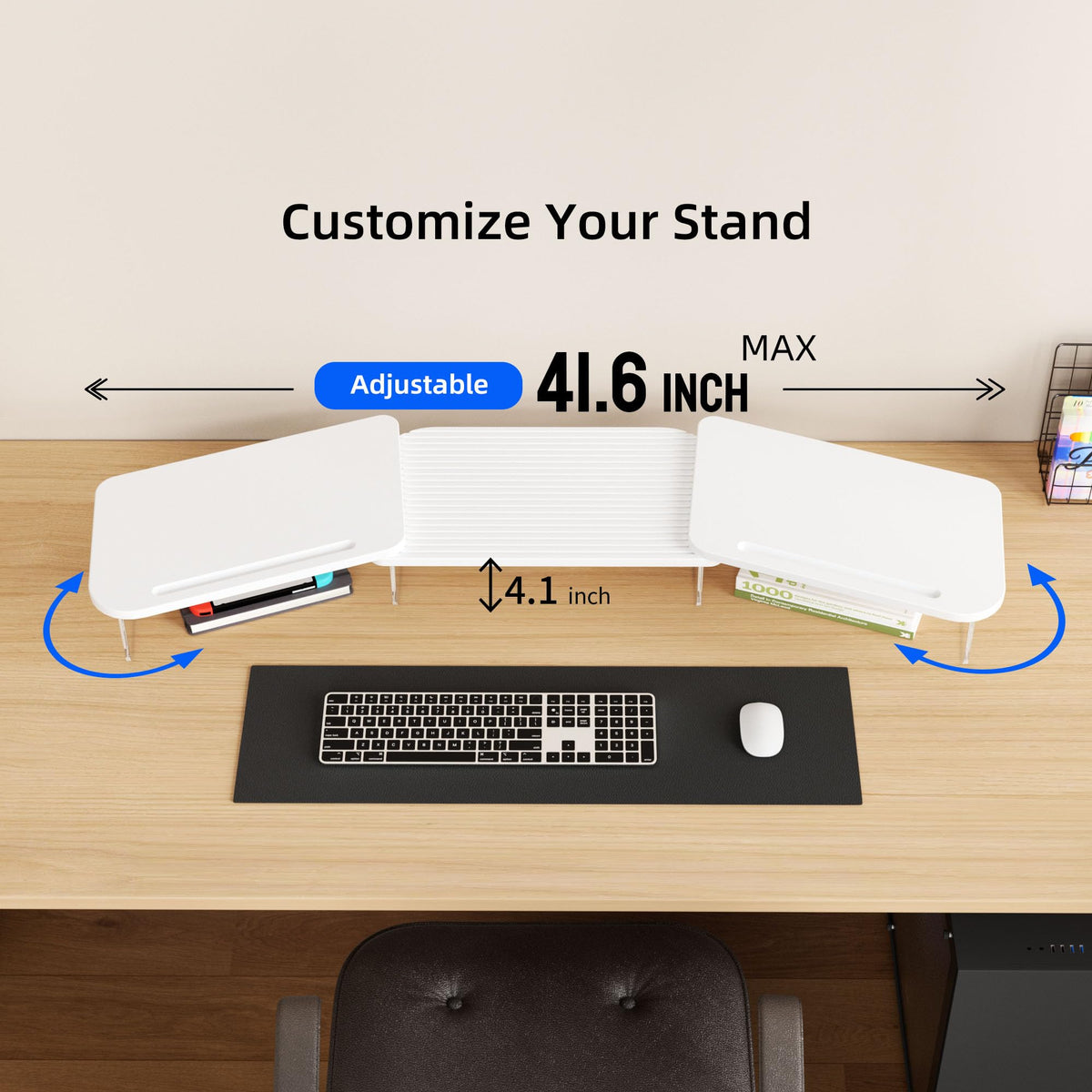 AFOOYO LED Dual Monitor Stand Riser for 2 Monitors,Office Desktop Wooden Stand Adjustable Length and Angle 3 Shelf,Extra Long Multifunctional Stand up to 39.3" for Computer,Laptop,TV,White
