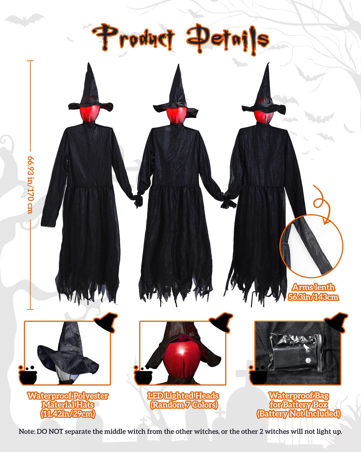 Halloween Decorations Outdoor 3PCS Light Up Witches Holding Hands Witches with Stakes, Scary Screaming Witches with Glowing Face, Creepy Halloween Party Props Decor for Yard Garden Outside Lawn Porch