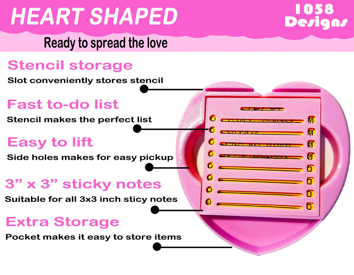 Heart Sticky Note Holder with Stencil Pink, Sticky Note Dispenser Compatible with Post-It Note, Post Note Organizer 3x3 Self Stick Note Pads Office Desk Accessories Gift Idea School Office Supplies