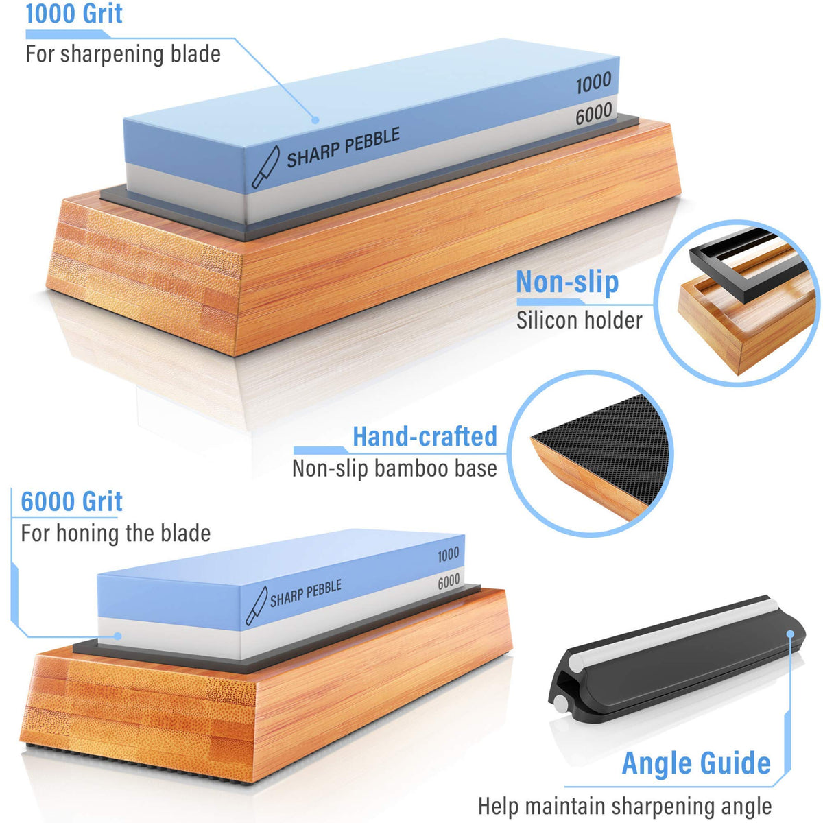 Sharp Pebble Knife Sharpening Stones Kit with 1000/6000 and Classic Leather Strop with Angle Guide & Green Compound