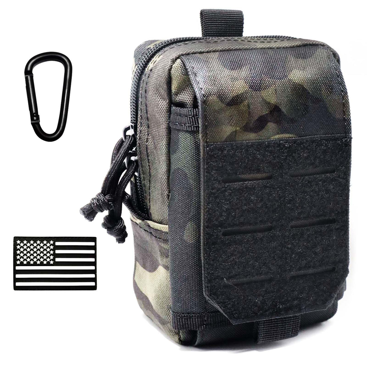 Molle Utility Pouch EDC Cell Phone Pouch for Vests, Tactical Waist Bag for Men Gadget Organizer Pack Purse Mobile Phone Case Hunting Compact Bag U.S.A Patch Carabiner Included, Black