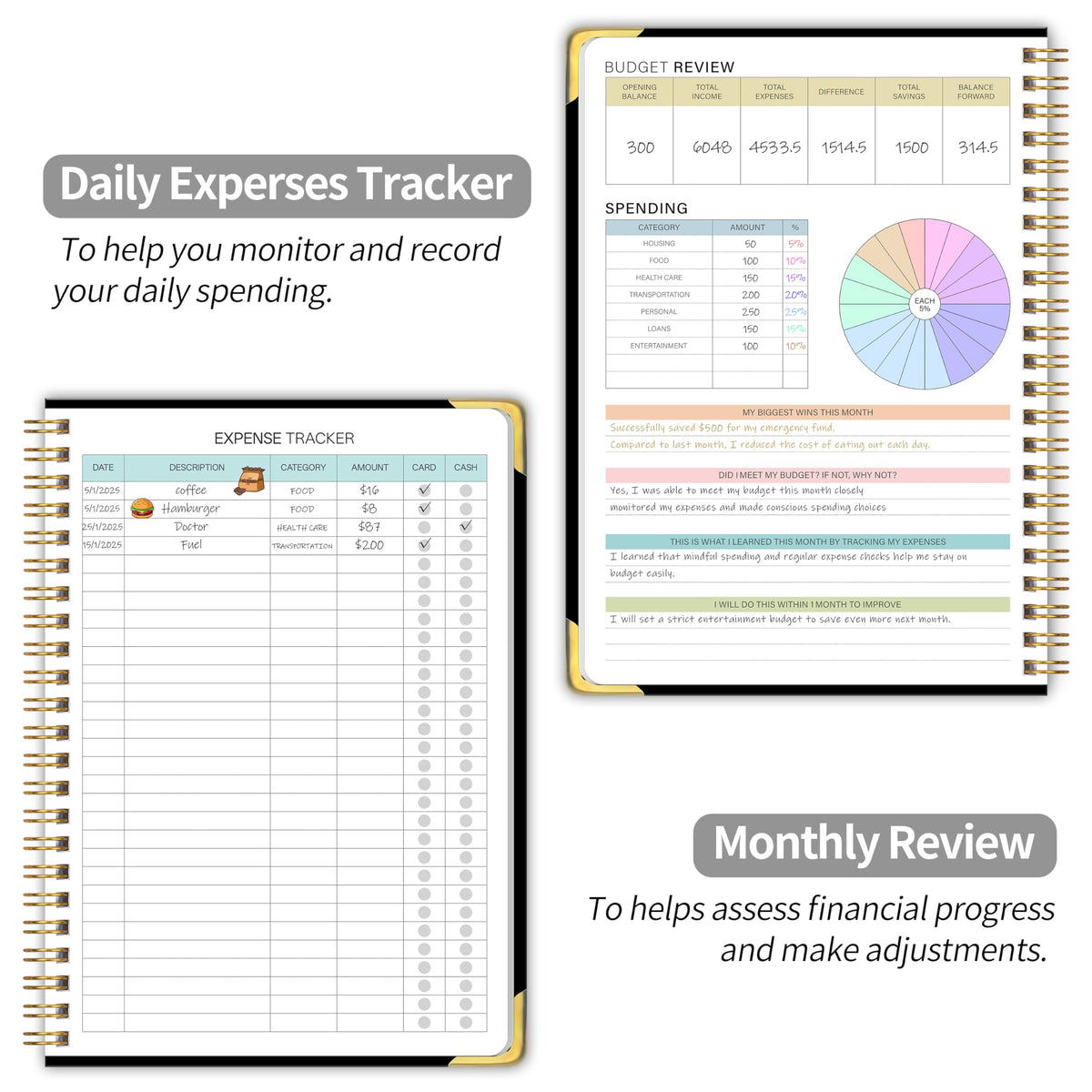 Budget Planner - Monthly Budget Book B5, Undated 12 Month Expense Tracker Notebook with Metal Corner Protectors & Bill Organizer, Hard Cover Financial Account Book for Women Men Home Business, Black