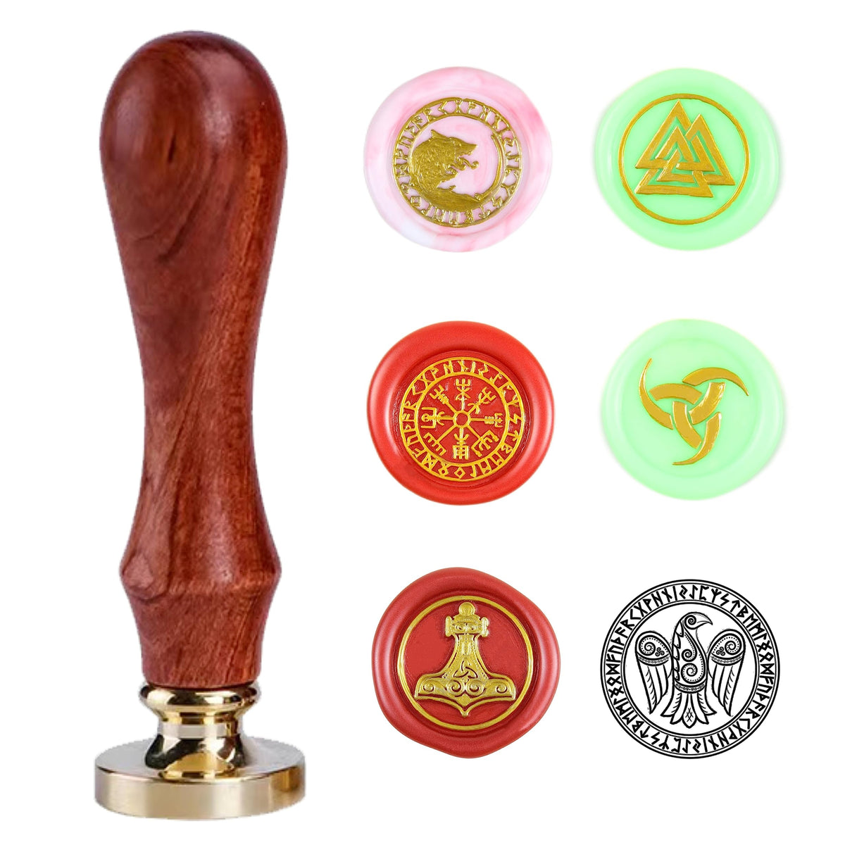 Vegvisir Viking Rune Wax Seal Stamp Set 6PCS Vegvisir Viking Sealing Wax Stamp Heads 0.98''/25mm Custom Wax Stamp 1PCS Wooden Hilt Sealing Stamp Set