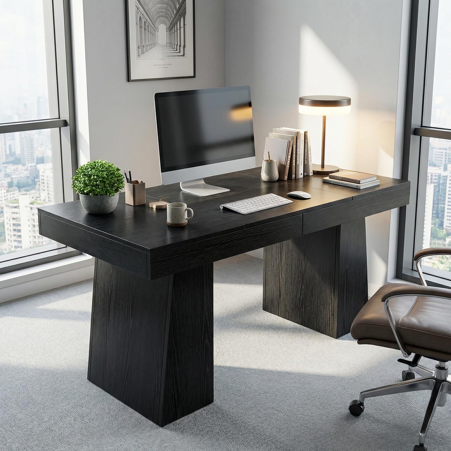GarveeHome 55" Executive Desk, Mid-Century Modern Home Office Desks with Double Trapezoid Base, Wood Computer Desk Business Workstation Desk Conference Table, Black