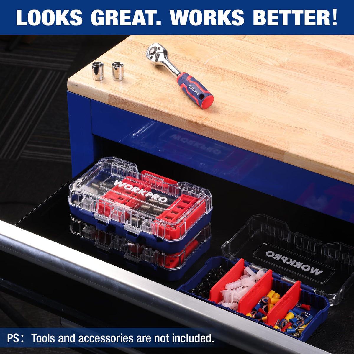 WORKPRO Small Parts Organizer 3 Pieces, Portable Stackable Hardware Storage Case with Removable Dividers, Clear Lid Tool Box Organizer for Screws, Bolts, Nails, Craft Supplies and Small Accessories